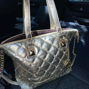 Gold Quilted Tote with Metallic Accents and Slouchy Shape